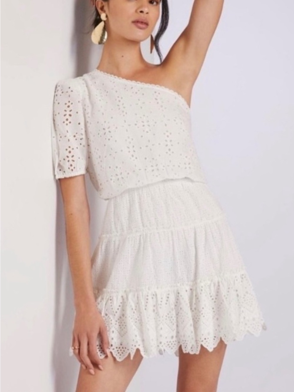 HEMANT & NANDITA White One-Shoulder Eyelet Tiered Mini Dress